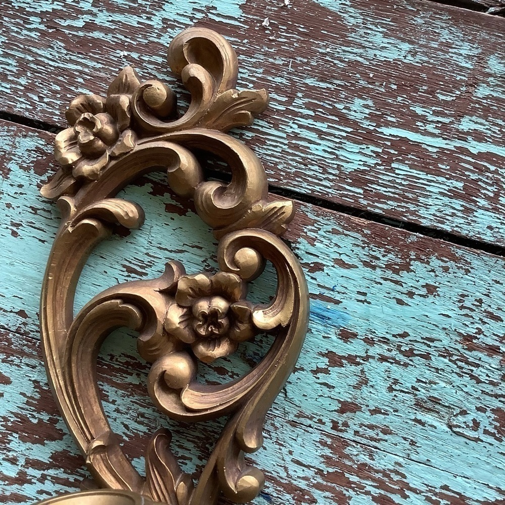 Vintage HOMCO Home Interiors Sconce Gold Candlestick Holder flowers 4118 Pair 2 - Picture 10 of 13